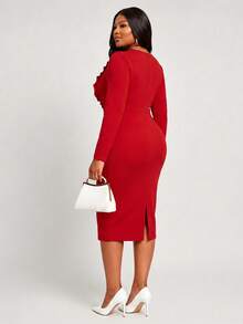 NOU Women's Mid-Length Fitted Dress, Round Neck, Long Sleeve, Double-Layer Ruffle Front, Stretchy Fabric, Comfortable And Non-Restrictive - Red - View 6