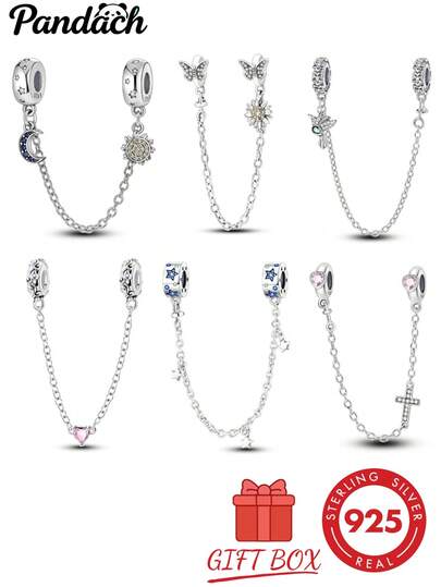 1 pieza Cadena de de plata de ley S925 con diseño original de estrella, luna, mariposa, corazón y cruz, incrustada con circonita de colores, cadena fina que evita que las cuentas se deslicen, adecuada para pulseras DIY, accesorio versátil y exquisito, satisface las necesidades de decoración de cuentas hechas a mano y uso diario