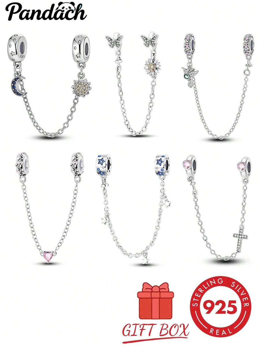 1pc S925 Sterling Silver Safety Chain Bead, Original Star Moon Butterfly Heart Cross Design, Inlaid With Colorful Zirconia Fine Chain, Prevents Beads From Slipping, Suitable For DIY Bracelets, Exquisite Versatile Accessory, Meets Handmade Beading And Daily Wear Decoration Needs - Multicolor - View 1