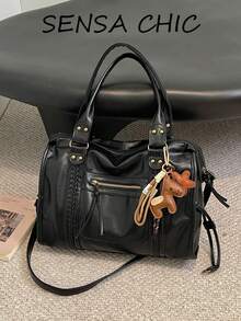 Tote Bag With Side Woven Texture And Star Pony Charm, Multi-Pocket Large Capacity, Hand-Carry And Crossbody, Zipper Closure, Vintage Distressed Motorcycle Style Boston Bag, Soft Leather Material, Practical For Daily Commute And Short Trips, Suitable For Young Women Who Prefer Vintage Cool Style - Black - View 11