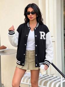 1pc Teen Girls' Spring/Autumn/Winter Colorblock Baseball Jacket, Fleece Lined Thickened Letter Print Ribbed Loose Outdoor Sports Casual - Black - View 6