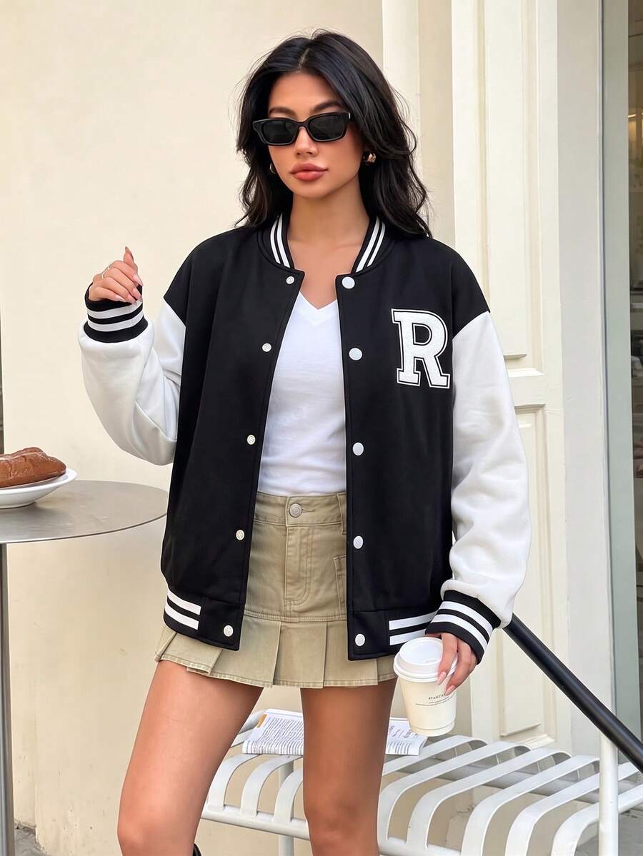 1pc Teen Girls' Spring/Autumn/Winter Colorblock Baseball Jacket, Fleece Lined Thickened Letter Print Ribbed Loose Outdoor Sports Casual - Black - View 1