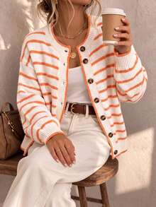 Plus Size Women's Striped Contrast Color Button Knit Cardigan - White - View 4