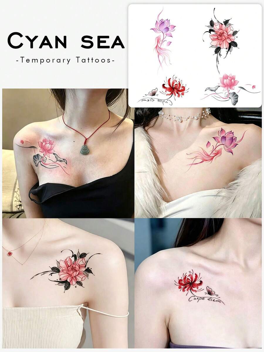 4pcs Temporary Tattoo Sticker, Chinese Style Otherworldly Flower Lotus Peony Floral Pattern, Realistic Fake Tattoo Design, For Daily Wear, Bachelorette Party Favors, Music Festival, Game, Graduation Gift, Lasts 3‑5 Days - Multicolor - View 1