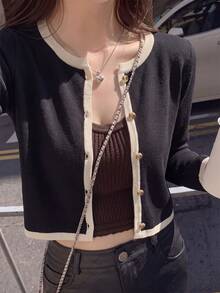 女款韓系甜美休閒對比鈕扣針織開襟衫，短版修身顯瘦上衣，溫柔減齡百搭長袖內搭/單穿，初秋新品，Ins風 - 黑色 - 查看 3