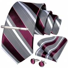 Business Commute Men's Tie 4-Piece Set Burgundy Base White Houndstooth Stripe Pocket Square Cufflinks Silver Tie Clip Formal Outfit Matching - Redwood - View 2