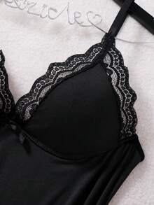 Plus Size Lace Bow Decoration Side Slit Cami Nightdress - Black - View 3