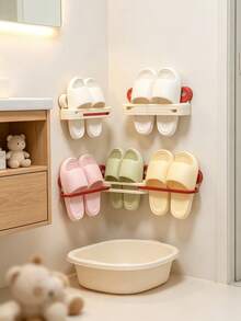 1pc Wall Mounted Slipper Rack, No Drill Suction Cup Bathroom Shoe Holder, Multifunctional Towel & Slipper Storage Organizer, Foldable Plastic Hanging Rack, Space Saving Bathroom Accessory, Quick Drying Design, Keep Bathroom Tidy For Shower Room - Multicolor - View 9