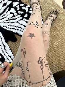 1 Pair Musical Note Print Tights For Women, Sheer High Waist Stretch Pantyhose, Cute Y2K Stockings For Fall Winter Party, Cosplay & Daily Wear - Multicolor - View 4