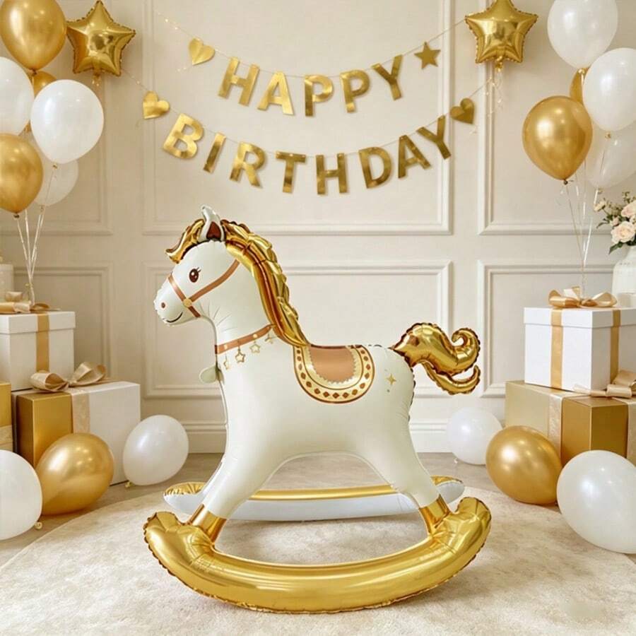 1pc Standing 3D Rocking Horse Aluminum Foil Balloon, Indoor Tabletop Party Decoration, Birthday Party Atmosphere Background Decor, Room Arrangement - Golden Rocking Horse - View 1