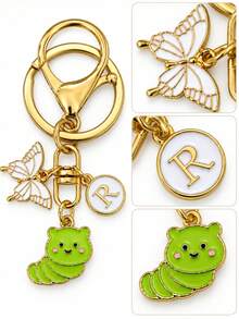 Cute Green Caterpillar Butterfly Letter Keychain, Gold Enamel Bag Charm, Women's Key Ring Gift - Multicolor - View 7