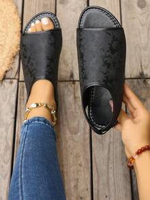 Women's Chinese Style Printed Peep Toe Minimalist Sandals - Black - View 1