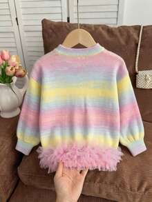 Girls' Cute Gradient Color Ruffle Knit Pullover Sweater, Suitable For Vacation, Daily Wear, Spring, Autumn, Winter - Pink - View 5