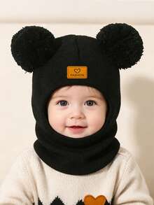 2-Ball Solid Color Baby Knitted Hat, Ear-Protective Knitted Hat & Scarf 2-In-1, Autumn/Winter Children's Hat - Multicolor - View 2