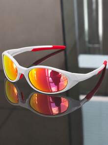 Unisex Fashion Glasses, Streamlined Wrap-Around Narrow Frame Design, Iridescent Mirror Lenses, Y2K Techwear Style, Suitable For Street Photography Outfits - Multicolor - View 8