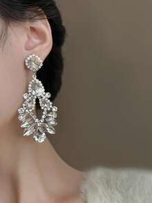 1 Pair Luxury Sparkling Glass Rhinestone Dangle Earrings Suitable For Women's Banquet And Party Wear - Silver - View 4