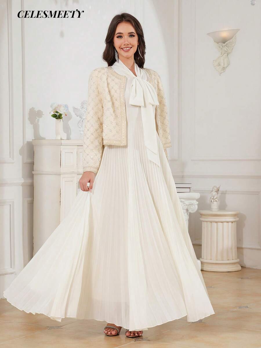 2pcs Floral Pattern Sequin Bead Elegant Women's Chiffon Maxi Dress With Blazer - Beige - View 1