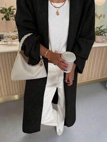優雅米色羅紋針織長版開襟外套，大翻領，前開襟，長袖，寬鬆版型，適合女性秋冬穿搭 - 黑色 - 查看 3