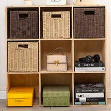 1pc Woven Storage Basket, Minimalist Country Style, High-Quality Handmade Faux Rattan Material, Built-In Side Handle Foldable Structure, Suitable For Home Adult Use, Bedroom Closet And Toy/Snack Storage - Multicolor - View 6