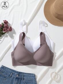 2pcs Jelly Glue Wireless Plus Size Bra, Adjustable Wide Strap, Seamless Back Closure With 4-Row Hooks For Enhanced Support And Cup Stability, Suitable For Commuting, Daily Wear, Home, Sports And Multiple Occasions, Plus Size Women's Bra - Multicolor - View 1