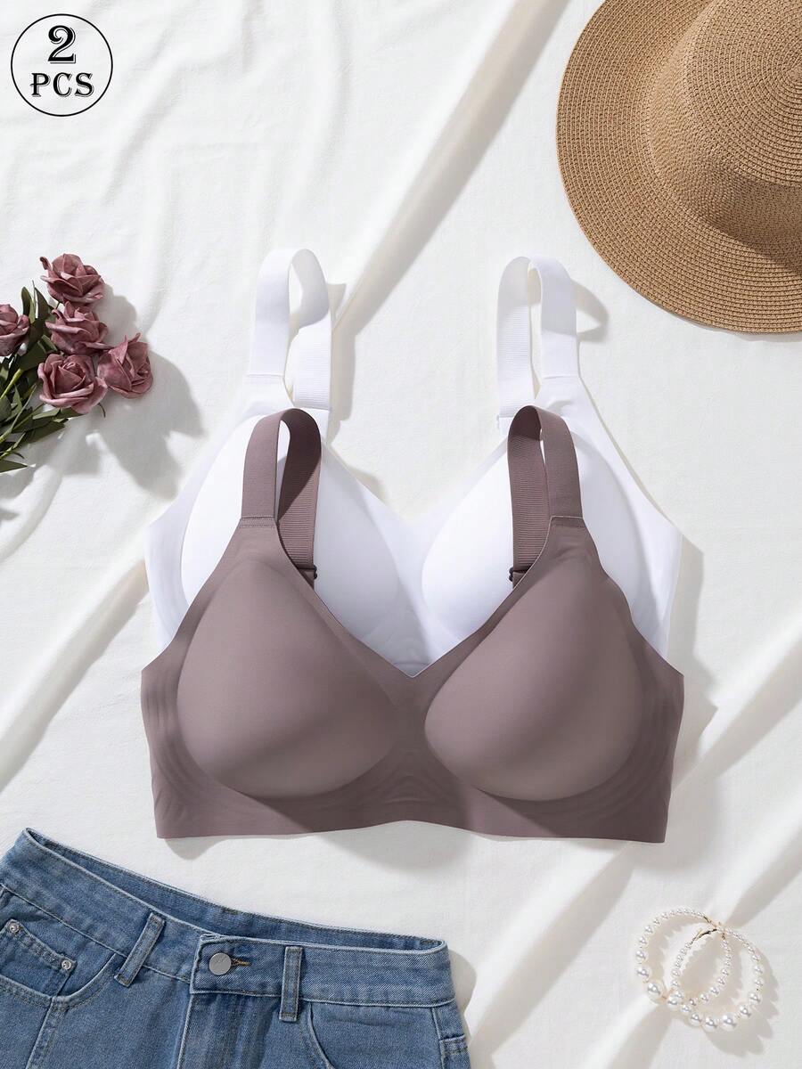 2pcs Jelly Glue Wireless Plus Size Bra, Adjustable Wide Strap, Seamless Back Closure With 4-Row Hooks For Enhanced Support And Cup Stability, Suitable For Commuting, Daily Wear, Home, Sports And Multiple Occasions, Plus Size Women's Bra - Multicolor - View 1