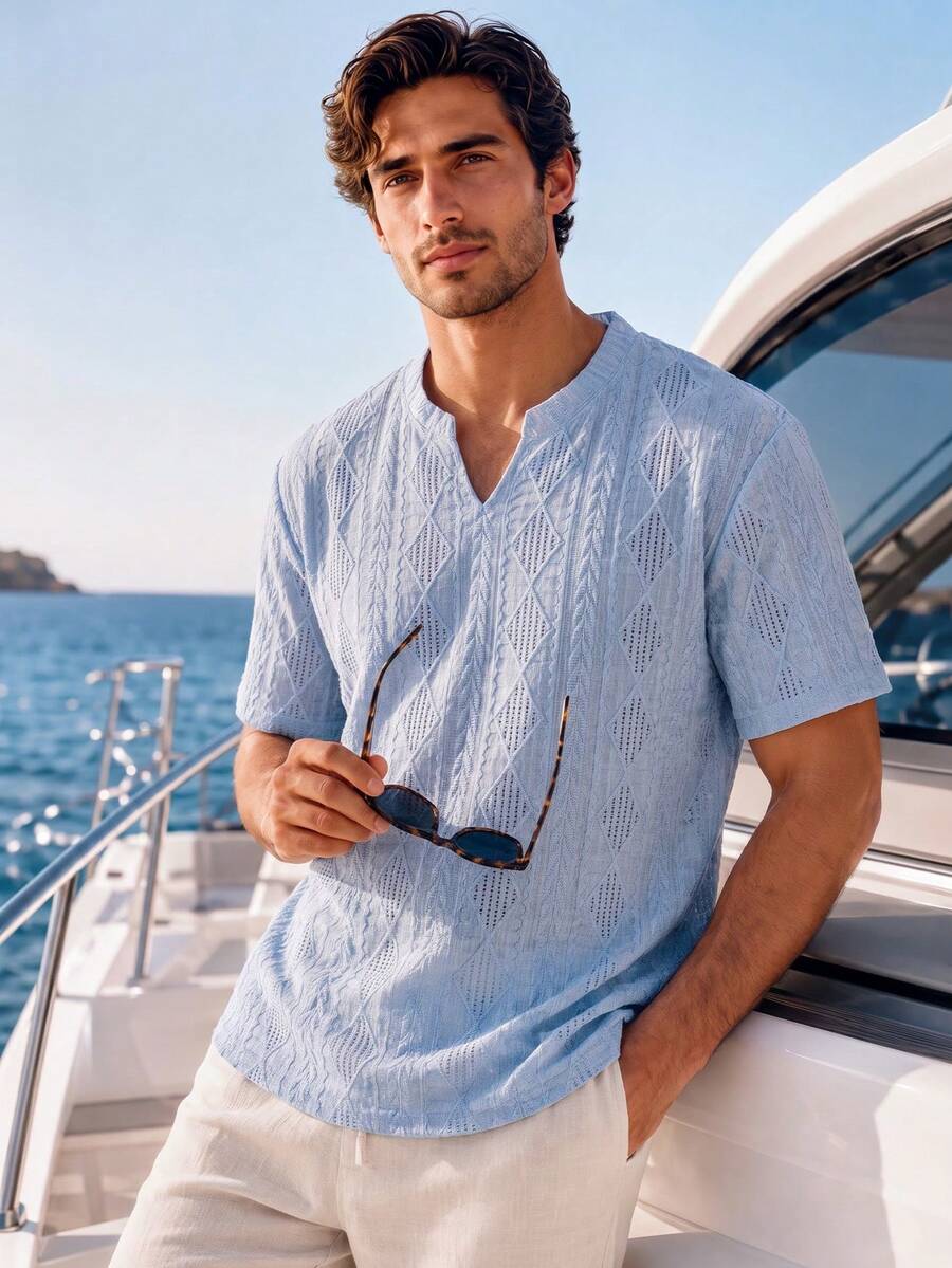 1pc Haze Blue Rhombus Textured Men's T-Shirt, Small V-Neck Men's Top ...