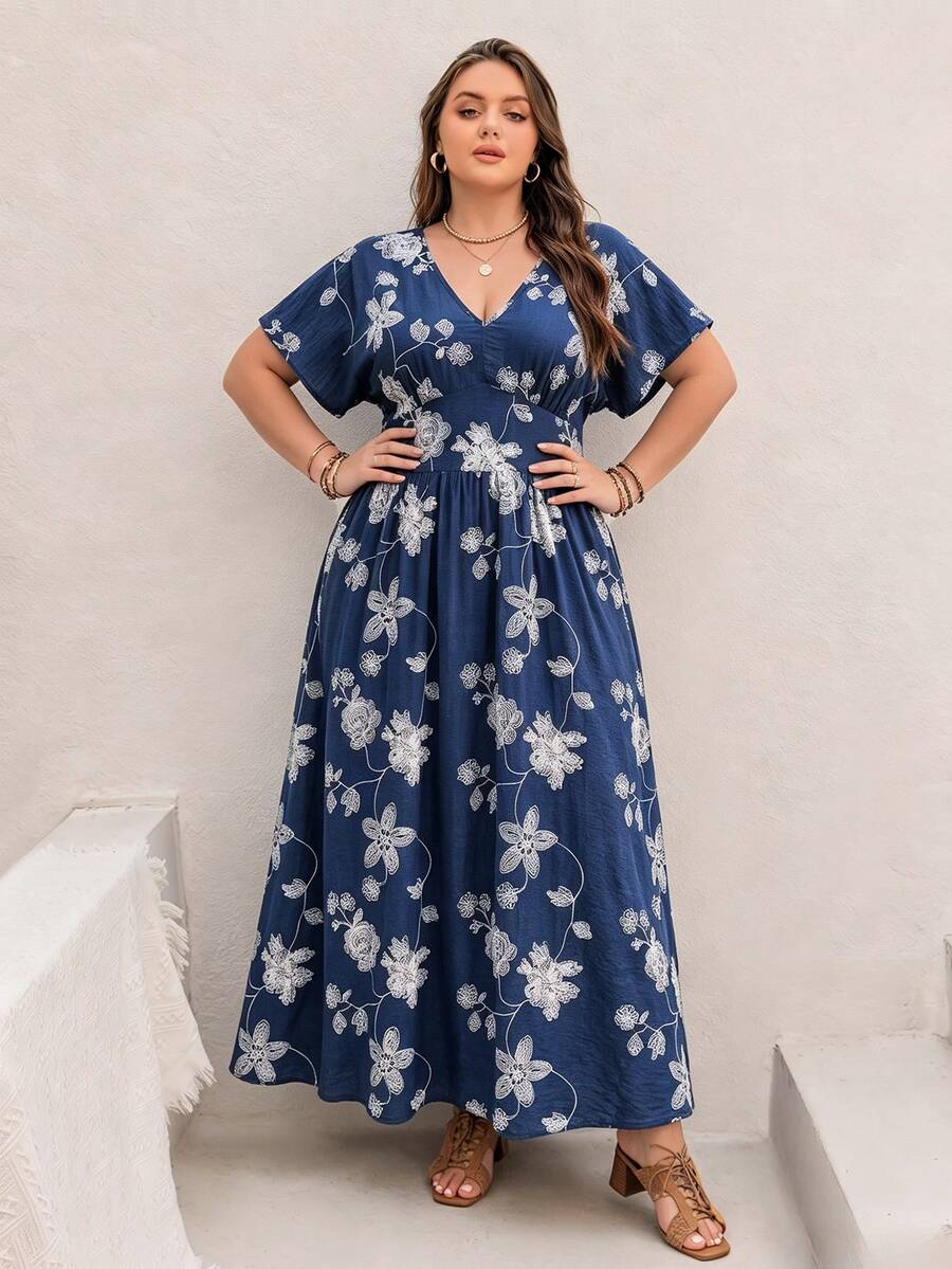 Rusttydustty Damen-Kleid in großen Größen, Boho-Stil, für Urlaub und Alltag, elegant, blau mit Blumenmuster, mit geraffter Taille, Sommer - marineblau - Übersicht 1