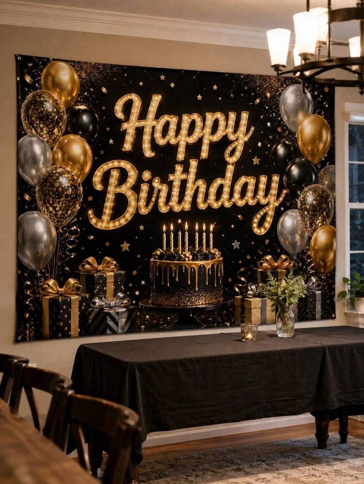 1件裝黑金生日背景布，奢華聚酯纖維派對背景，含蛋糕、禮物盒與星星元素，適合成人男孩女孩生日、拍照區、甜點桌 - 多色 - 查看 3