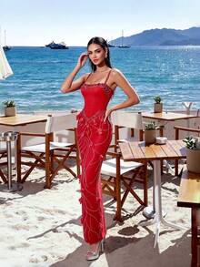 Women's Elegant Spaghetti Strap High Waist Beaded Rhinestone Petal Bandage Dress - Red - View 4