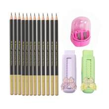 12pcs 2B Sketching Pencils + 2pcs Butterfly Retractable Erasers + 1pc Butterfly Dual-Hole Pencil Sharpener - A - View 10