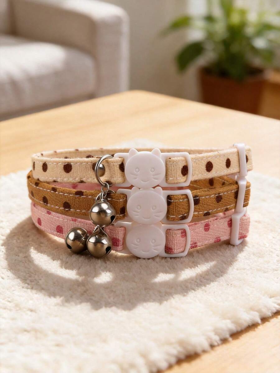 1 buah/2 buah/3 buah Kalung Kucing Polkadot dengan Lonceng, Kalung Leher yang Dapat Diatur untuk Kucing - MultiWarna - View 1