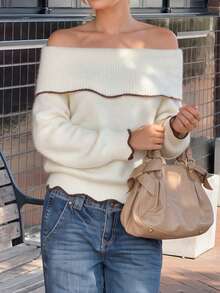 Fall Winter Women's White Off-Shoulder Sweater, Long Sleeve Pullover With Brown Scalloped Edge Detail - Beige - View 6