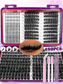 480pcs D Curl, Dense Voluminous False Lash Kit, Fales Eyelash Clusters, DlY Eyelash Extension Kit, Soft & Comfortable, With Bond And Seal, Tweezers, Brush, Wispy Soft Daily Cluster Lashes Self Use - Black - View 7