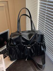 American Vintage Large Capacity Tote Bag With Ruched Drawstring Detail And Metal Hardware, Shoulder Or Crossbody Women's Bag, Fashionable Daily Work And Travel Outfit Accessory - Black - View 10