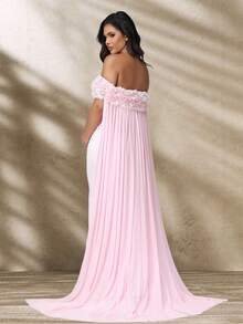 JustVH Maternity Floral Off-Shoulder Dress, Suitable For Baby Shower, Mesh Cape-Style Long Dress, Can Be Used As Photography Prop Spring Pink Fall - Pink - View 2