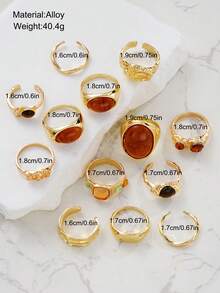 13/5pcs Fashionable Luxury Vintage Exaggerated Gemstone Open Ring Set, Designer Ins Style Metallic Glossy Wrinkled Finger Rings, Suitable For Party, Vacation, Gift For Friends And Family, Daily Wear - Yellow Gold - View 5
