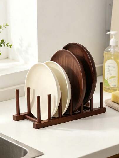 Multifunctional Dark Wood Dish Drying Rack; Multifunctional Utensil Storage Rack, Vertical Plate Storage Rack, Can Also Serve As Bookend; Suitable For Placing Plates And Books On Countertop; Space-Saving Display Rack For Kitchen, Dining Room And Office