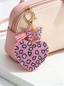 Creative Personalized Heart-Shaped Leopard Print Rhinestone Keychain Bag Charm Pink & Minimalist Daily Wear Gift Key Chain - Multicolor - View 7