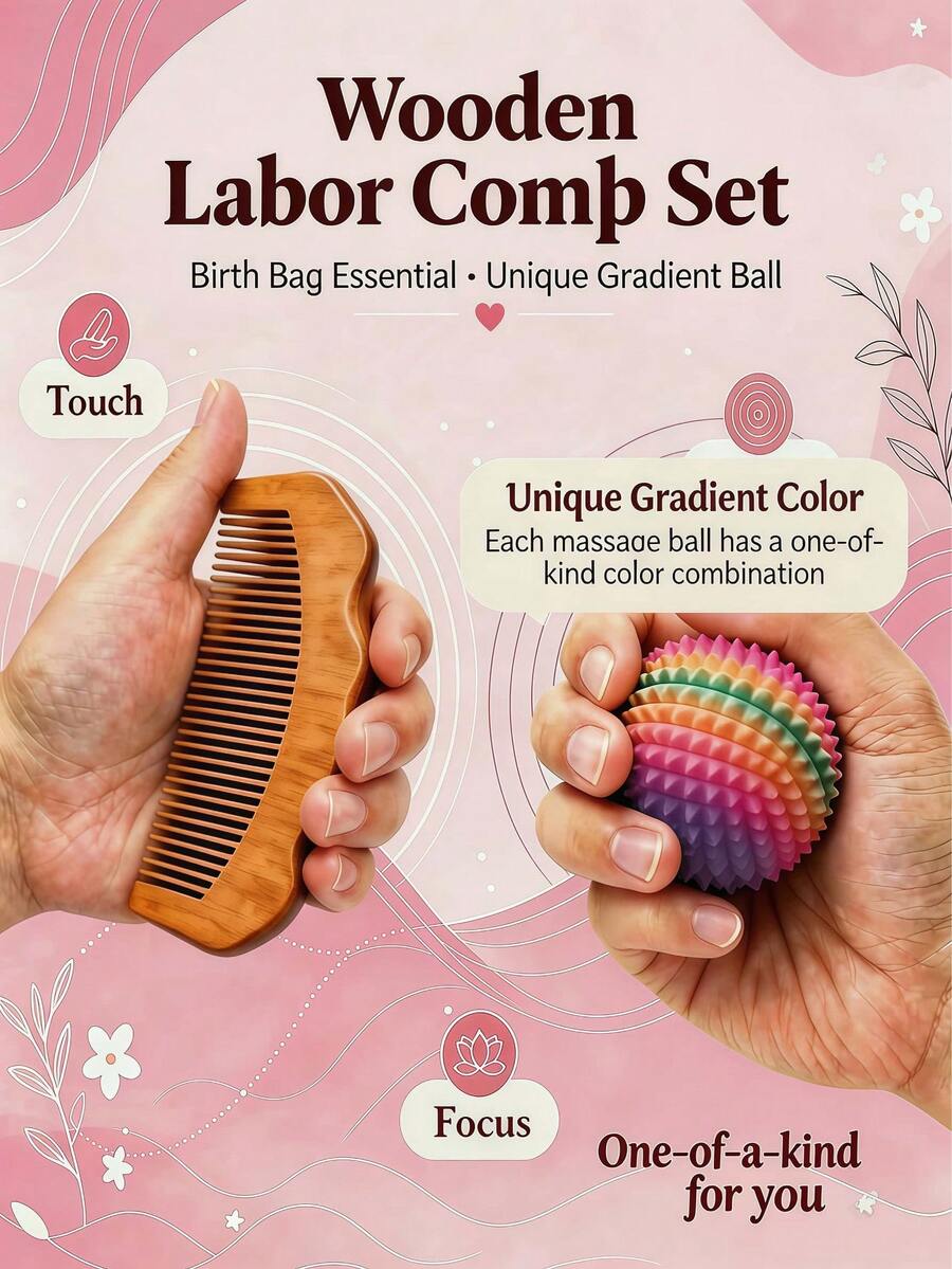 Wooden Labor Comb & Colorful Acupoint Massage Ball Set, Unique Color On Every Ball, Labor Bag Essential For Pregnant Women, Sensory Accessory, Great Gift For Expecting Moms - Multicolor - View 1
