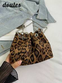Minimalist Leopard Print Matte Fabric Crossbody Bag With Chain Strap, Suitable For Commuting And Travel - Brown - View 5
