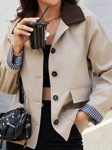 Women's Khaki Regular Length Trench Coat, Lapel Collar, Long Sleeve, Button Pockets, Woven Fabric, Creating Fashionable Autumn Look - Khaki - View 1