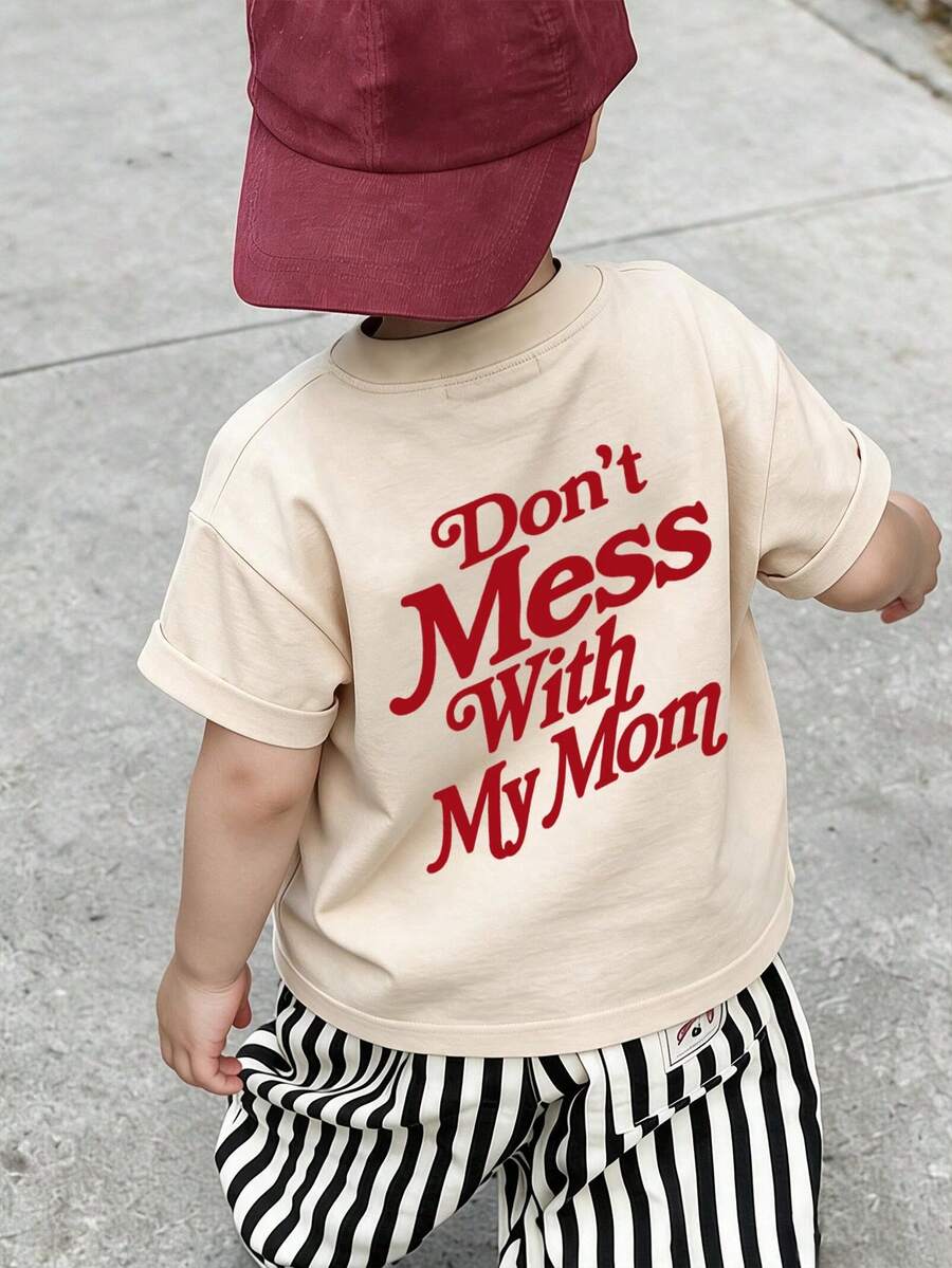 Newborn Baby Summer Casual Short Sleeve T-Shirt, "Don't Mess With My Mom" Slogan Print Round Neck Top - Apricot - View 1