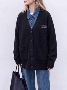 Women's Autumn/Winter Minimalist Small Letter Design V-Neck Sweater Cardigan Jacket - Black - View 4