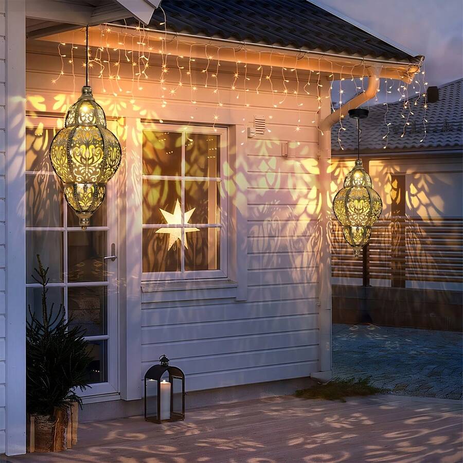 Moroccan Style Solar Hanging Lantern, Auto Charge By Day, Glow By Night, Exquisite Hollow Projection Light, Christmas Halloween Garden Patio Corridor Holiday Decoration Lamp - Moroccan Pendant Light - View 1