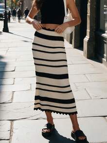 Women Striped Knit Skirt Scalloped Edge Mermaid Hem For Daily Commuting Going Out Dating Fall Winter - Black and White - View 2