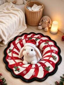 1pc Red & White Striped 3D Christmas Bunny Shaped Rug, Christmas Style, Christmas Festival, Decorative Carpet, Bedroom Decor, Small Rug, Carpet, Home Decor, Living Room Rug, Living Room Small Rug, Bedroom Carpet, Living Room Home Decor - Multicolor - View 2