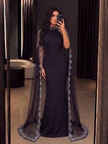 Elegant Mermaid Evening Gown With Sequin Cape Sleeves And Flared Hem, Fitted Bust Design, Suitable For Formal Weddings And Red Carpet Occasions - Black - View 5