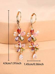 1 Pair Exquisite Cubic Zirconia Inlaid Double Layer Flower-Shaped Teardrop Pendant Earrings, For Women, Eye-Catching And Perfect For Party Looks - Color - View 4
