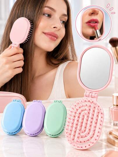 1pc Portable Foldable Mirror & Comb 2-In-1 Mini Hair Brush, Compact Pocket Comb With Mirror Surface, Rounded Teeth For Smooth Combing And Scalp Massage, Lightweight Foldable Design For Easy Storage And Carrying, Mini Hair Brush Suitable For Daily Combing, Stray Hair Tidying, Hairline Grooming, Bangs Styling, Makeup Touch-Ups, Travel, Business Trips, Commuting, Dormitory, Home And On-The-Go Use, Foldable Hair Brush Available In Multiple Colors Beauty Hair Tool.