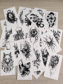 30pcs Animal Pattern Waterproof Durable Realistic Personalized Tattoo Stickers - Skeleton, Eyes, Spider, Snake, Rose, Centipede, Lion, Octopus, Dog, Etc., Suitable For Arms, Ankles, Shoulders, And More, Unisex Design - Black - View 6